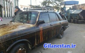 نقص فنی ماشین آلات شهرداری رشت و ریختن شدید گازوئیل روی خودروهای مردم! + تصاویر